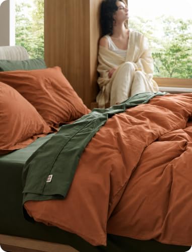 Image of Bedsure PureWoven 100% Washed Cotton Duvet Cover Set, King Size, 3-PC | Linen Like Texture, Percale Breathable Bedding Set for All Seasons, Zipper Closure, 8 Corner Ties, Burnt Orange, 104 inch x 90 inch