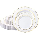 realluck 50PCS White and Gold Plastic Plates, Elegant Baroque Gold Rim Disposable Plates - 25 Dinner & 25 Dessert Plates, Heavy Duty Fancy Plates for Wedding, Anniversary