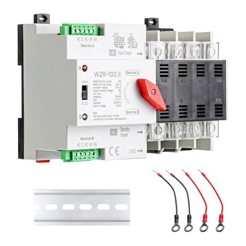 100Amp AC 110V Dual Power Automatic/Manual Transfer Switch 4P, ATS Solar Auto Automatic Transfer Switch for Home Generator 4POLE 100A 110Volt, Din Rail Fast Changeover Transfe 50/60Hz for Rv, Lv Power