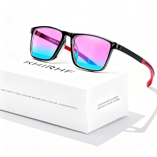 Khirhf Color Blind Glasses for Men, Red-Green ​Colorblind Correction Glasses​, Color Correcting & Enhancing Eyeglass for Outdoor Use (Black Frame-Red Temple)