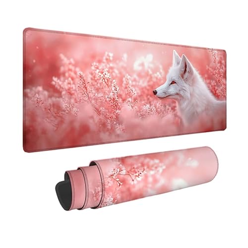 Tapis de souris XXL rose 80x40 cm avec motif renard et bords cousus