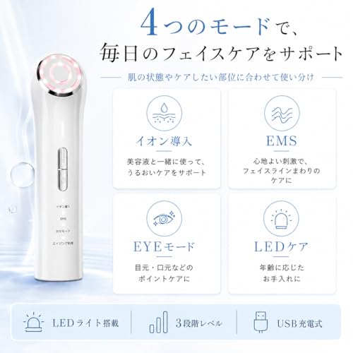 美顔器 EMS イオン導入 LED 目元ケア 4モード 3段階レベル ハンディタイプ フェイスケア 美容器 USB充電式 自宅用 男女兼用 日本語取扱説明書付き ホワイト