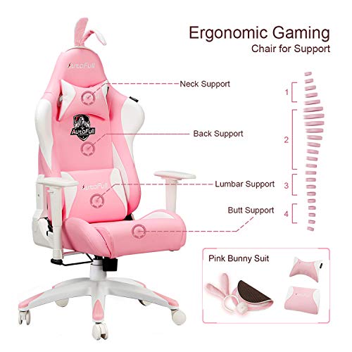 AutoFull Pink Ergonomic Gaming Chair Cute Kawaii PU Leather High Back Racing Office Desk Chairs with Rabbit Ears - Image 3