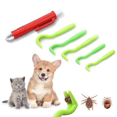 Adiwo Zeckenentferner Set, 6er Set Zeckenheber Enthalten 5 Zeckenhaken und 1 Zeckenpinzette, Zeckenzange Zeckenschutz für Hund, Katze und Mensch