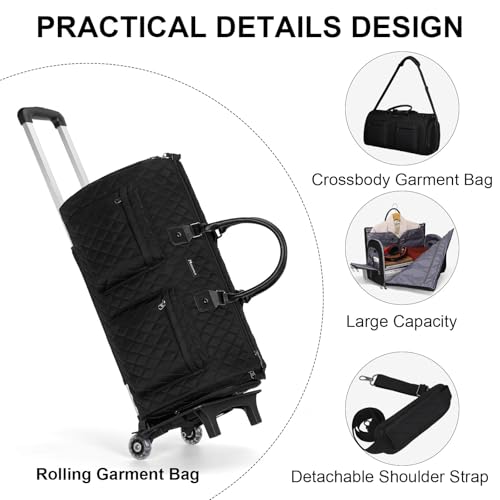 Modoker Rolling Garment Bag for Travel,Womens Convertible Garment Bags with Wheels, Luggage Suit Travel Bags,3 in 1 Carry On Wheeled Duffel Bag,Black4