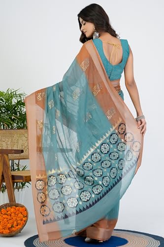 Image of MIRCHI FASHION Women Saree Cotton Blend 2-Tone Foil Print | Lightweight Comfortable Office Wear Sari with Blouse Piece