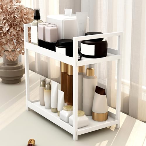 Funtabee 2 Tier Bathroom Organiser and Storage – Perfume, Skincare, and Makeup Organizer for Bathroom Counter, Vanity, and Kitchen Countertop and Condiment Organiser (White)