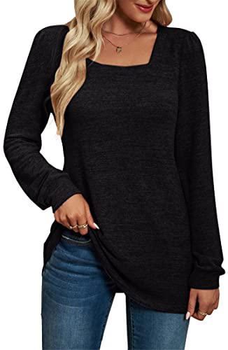 PANOZON Femme Pull Col Carré Décontracté Sweater Tricoté à Manches Longues Chandail Lâche Casual (S, 1-Noir B)