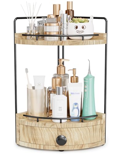 2-Tier Corner Bathroom Counter Organizer with Drawer & Embedded Screw Holes - Wooden Countertop Organizers for Skincare Makeup Storage Bathroom Sink Counter Shelf for Vanity Kitchen Wood color