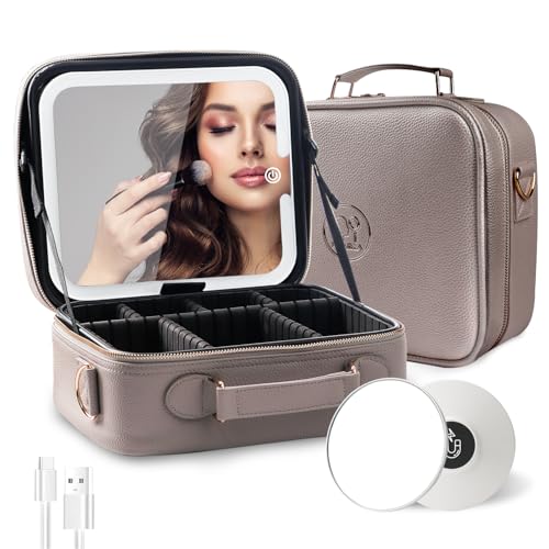 MOMIRA Travel Makeup Bag Cosmetic Bag with Lighted Mirror, Adjustable Brightness in 3 Color Scenarios/Detachable makeup mirror, All-round Upgrade, Waterproof, Gift for Women -Beige Grey Beig