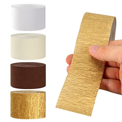 Image of White-Brown Ivory-Gold Boho Party-Decorations Streamers - 8 Rolls Rustic Wedding Birthday Neutral Baby Bridal Shower Crepe Tissue Paper Streamer Bachelorette Engagement Garland Decor Panduola