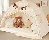 Twin Size Bed Tent Canopy, Kids Play Tent with Flags & Star Lights, Canopy on Bed Privacy Space Sleeping Blackout Tents, Indoor Breathable Portable & Foldable, Girls & Boys Gifts, Cream Tassels Style