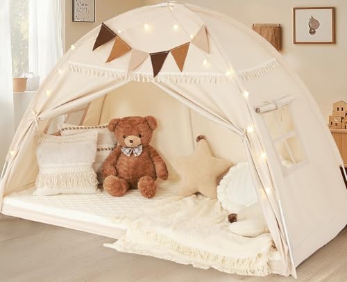 Twin Size Bed Tent Canopy, Kids Play Tent with Flags & Star Lights, Canopy on Bed Privacy Space Sleeping Blackout Tents, Indoor Breathable Portable & Foldable, Girls & Boys Gifts, Cream Tassels Style