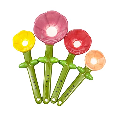 Sizikato 4Pcs Porcelain Measuring Spoons With Base, Cute Flower Shape #TOP2