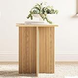 Square Fluted Accent Side Table - Pedestal Drink Desk - Modern Home, Bedroom, and Living Room Furniture - Small End Table with Solid Wood X-Base and Wood Veneer Top (Natural Oak)