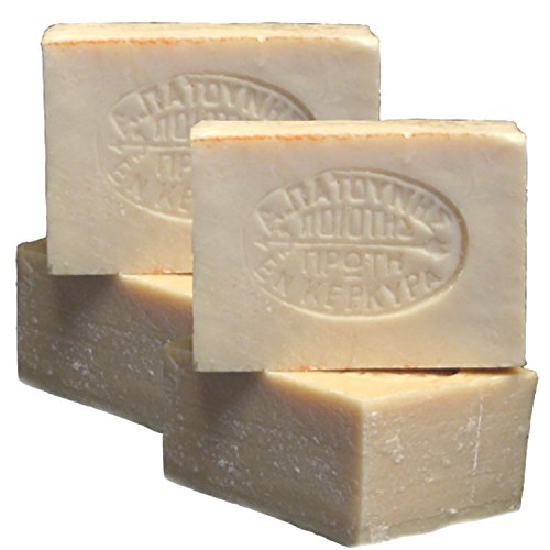 Jabón de aceite de oliva verde de Tradoro, pack de 4 (de 90 g), hecho 100 % de aceite de semillas de oliva, hervido a mano, del fabricante Patounis, sin perfume, sin aditivos, ideal para alérgicos