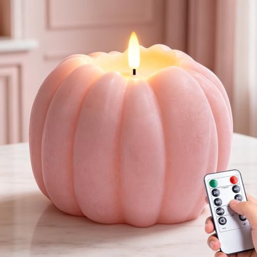Pink Pumpkin Decor Fall Decorations for Home - Flameless Pumpkin Candle