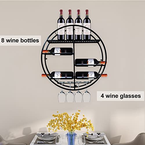 Pengfei Round Wall Mounted Wine Rack, Black Metal Wine Glass Shelf Goblet Holder, 23.6" Modern Floating Wine Bottle Organizer For Home Bar Kitchen #TOP2