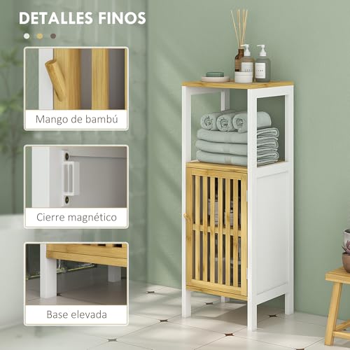 HOMCOM Armario Alto de Baño Columna de Baño Mueble Auxiliar de Baño con 1 Estante Abierto 1 Puerta y 1 Estante Ajustable 32x30x90,5 cm Natural y Blanco - imagen 7