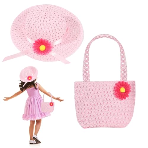 Chapeau de paille pliable à large bord pour fille avec son mini sac de plage rose