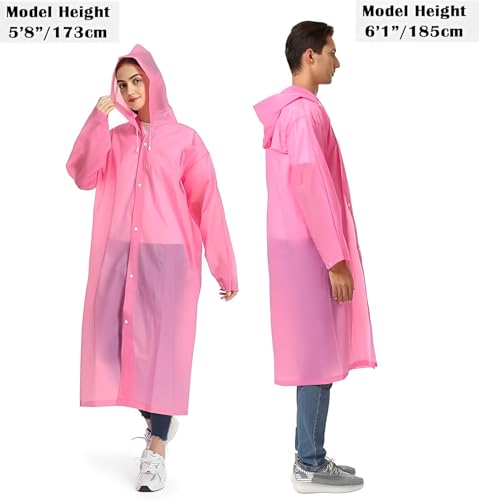 JITIFAZH Wasserdichter Regenponcho, 2 Stück,leichter, wiederverwendbarer Regenmantel mit Kapuze, tragbarer Notfall-Poncho für Erwachsene, Familie, Wandern, Radfahren, Camping(Rosa+Rosa)