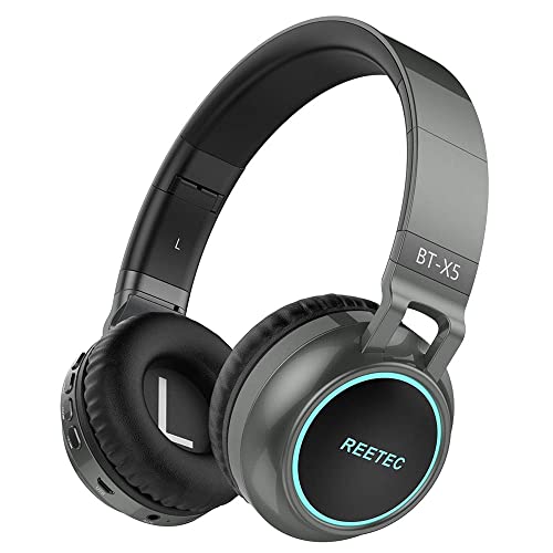 REETEC Bluetooth Headphones Over Ear - [Colorful LED Lights, 20H Playtime] Foldable Hi-Fi Stereo Wireless Headphones with Built-in Mic for iPhone, iPad, Smartphones, Laptop, PC, SD/TF, Grey