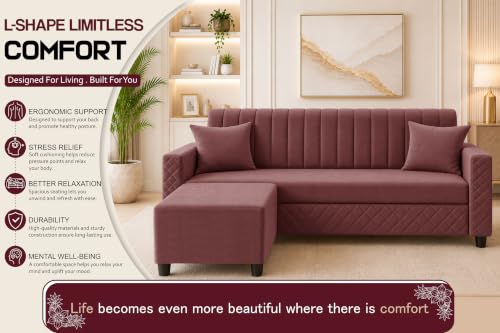 Image of L-Shaped 3 Seater Sectional Sofa with Ottoman | Modern Upholstered Couch | Vertical Channel Tufted Backrest | Diamond Quilted Arms & Base | Comfortable Living Room Furniture - Rose Pink