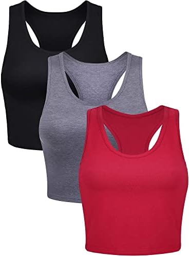 Boao 3 Pieces Crop Tops for Women, Workout Tops Basic Cropped Tank Tops Sleeveless Racerback Sports Gym Crop Tank for Teen Girls (Black, Dark Grey, Red, Small)