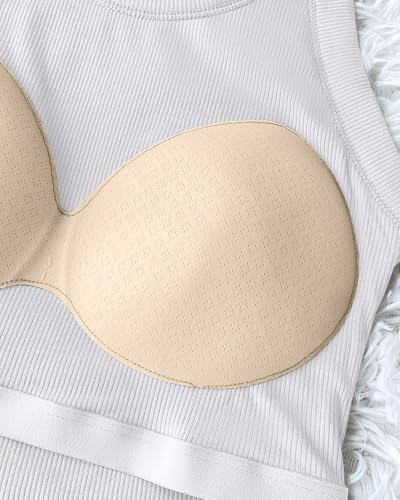 CHICME Women Built-in Bra Tank Tops Sleeveless Casual Shirts Racerback Ribbed Tank Tops White-M