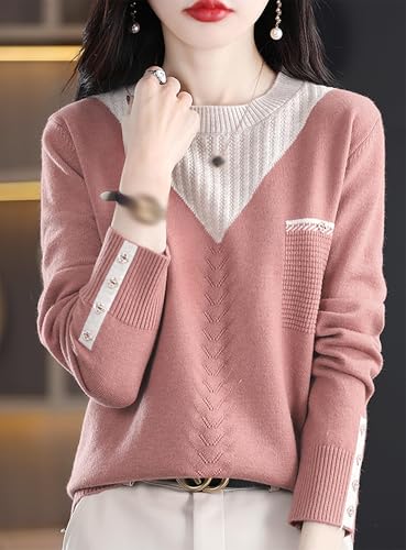 LAI MENG FIVE CATS Womens Knit Long Sleeve Crew Neck Color Layered Loose Novelty Fall Pullover Tops2