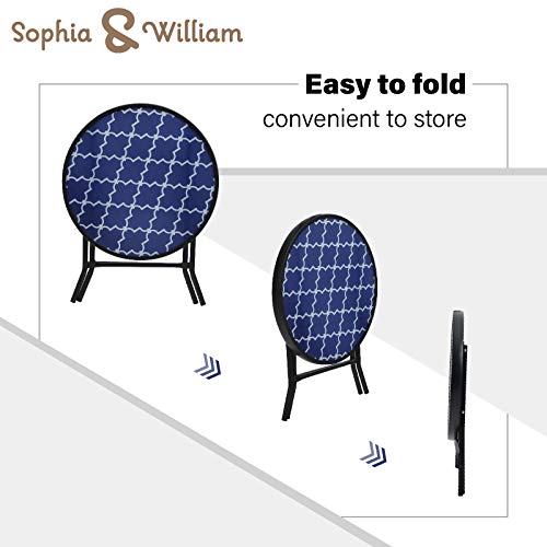 Sophia & William Patio Folding Side Table Round Printed End Table Small Portable Bistro Coffee Table With Tempered Glass Top And Metal Frame For Outdoor And Indoor Use, 18 Inches, Blue With Pattern #TOP1