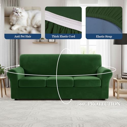 NICEEC Spandex Stretch 4 Pieces Sofa Covers Water Repellent Couch Covers for 3 Cushion Couch Sofa Pet Friendly Soft Sofa Slipcovers for Living Room Easy Fit Furniture Protector Washable(Green) - Image 6