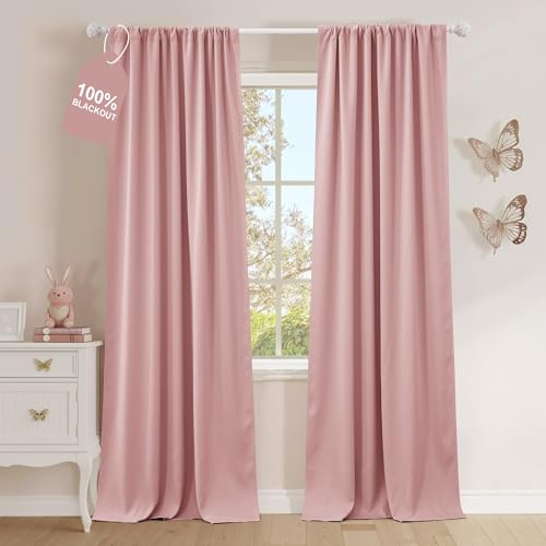 NICETOWN 100% Blackout Pink Curtains for Girls Room, Rod Pocket Light Blocking Window Treatment Thermal Insulated Drapes for Bedroom, W42 x L84, 2 Pan