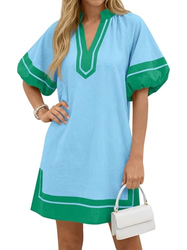 Wenrine Womens Summer Mini Dress Puff Sleeve Casual V Neck