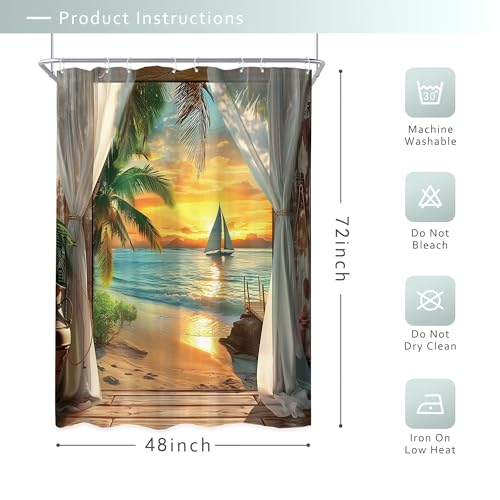 Image of Riyidecor Beach Ocean Sea Shower Curtain 48Wx72H Inch Narrow Summer Beachy Seaside Coastal Hawaiian Sunset Tropical Sunrise Scenery Wooden Girly Bathroom Decor Fabric Polyester Waterproof 8 Pack Hooks