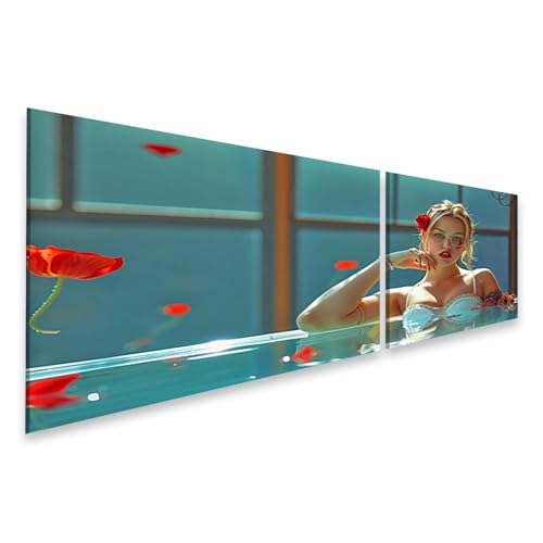 Tableau salon femme fleur rouge déco murale espace bleu