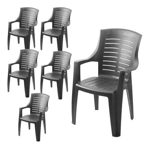 Set Sedie da Giardino - per Interno, Esterno, in Resina, Impilabili, Schienale Alto, Braccioli, Impermeabile, Resistente, Robusto, Antracite, Design Moderno - 91 x 60 x 55 CM (Antracite 6 Sedie)