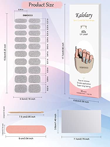 20Pcs Semi Cured Gel Nail Polish Strips, Kalolary Silver Glitter Self Adhesive Full Wraps Gel Nail Stickers Waterproof Nail Decals For Women Girls Diy Nail Art Salon Home (Uv/Led Lamp Required) #TOP1