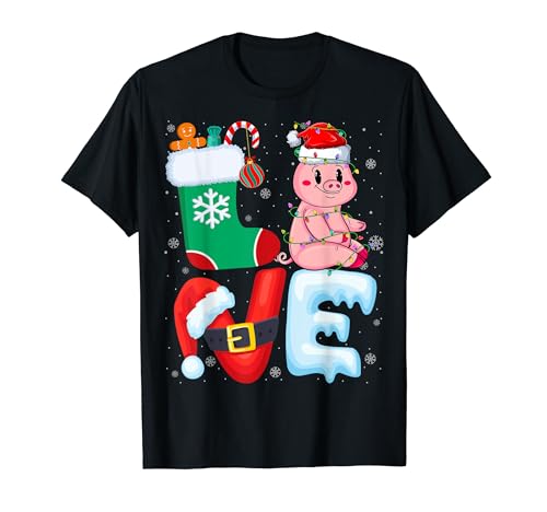 Kawaii Pig Santa Hat Christmas Tree Lights Pig Lover Xmas Camiseta