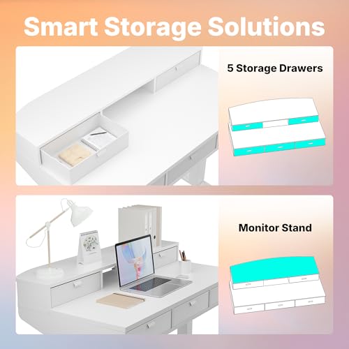 Image of HUANUO 48 x 24 Inch Electric Standing Desk with 4 Drawers, White | 4 Drawers For Organized Storage, Raised Monitor Shelf, C-Clamp Mount Support, 4 Memory Presets, 28.3-46.5 Inch Height Range