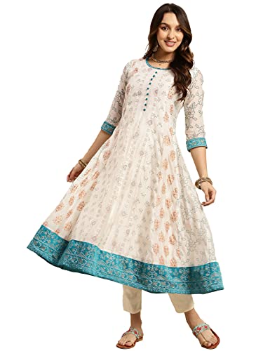 Image of rangita Off White Chanderi Calf Length Printed Flared Kurti for Women | Kurta for Women