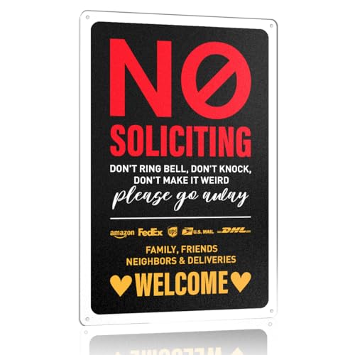 No Soliciting Metal Decor Sign for Home House Front Door Porch Strong & Sturdy Do Not Ring Bell No Solicitors Discourage Unwanted Visitors Sign for Home Entryway Wall Yard Front Door, 12X 8 Inches