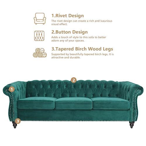 Image of QHITTY Accent Large Sofa, Chesterfield Couch 3 Seater Modern Velvet Couch Upholstered Sofa with Tufted Back for Living Room Furniture (Green)