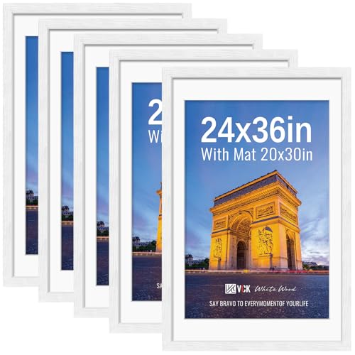 Image of VCK 24x36 Frame 5 Pack, White Exclusive Wood, 20x30 Mat, for Picture