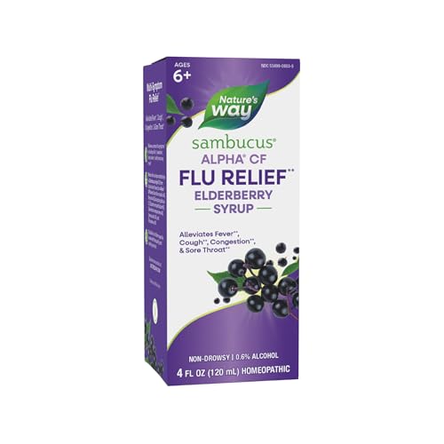 Nature's Way Sambucus Alpha CF Flu Relief* Elderberry Syrup with Sambucus nigra 3X and Alpha CF, Relieves Flu Symptoms*, 4 Fl Oz (Packaging May Vary)