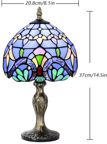 Image of 8'' Stained Glass Table Lamp, Vintage Desk Bedside Night Light | Stained Glass Crystal Bead Style Table Light, Handmade Antique Art Craft Gifts, for Living Room Bedroom (Blue Baroque)