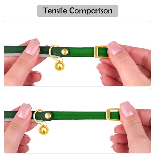 OOPSDOGGY Rolled Leather Cat Collar with Bell - Reflective Kitten Collar with Safety Elastic Strap - Adjustable Small Pet Collars for Boy Girl Cats (Green)