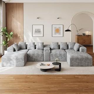 143" Oversized U Shaped Cloud Sectional Couches for Living Room, Comfy Fluffy Corduroy Grey Boneless Couch, Large Modular Sectional Sofa Set with Chaise, Cup Holder, USB Port, Storage Console