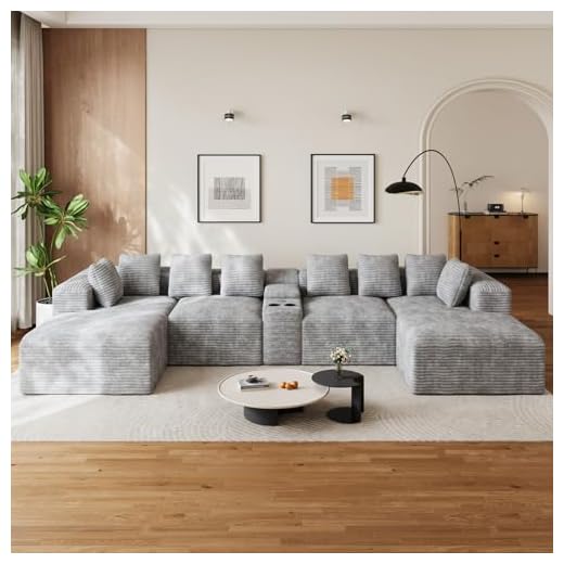 143" Oversized U Shaped Cloud Sectional Couches for Living Room, Comfy Fluffy Corduroy Grey Boneless Couch, Large Modular Sectional Sofa Set with Chaise, Cup Holder, USB Port, Storage Console
