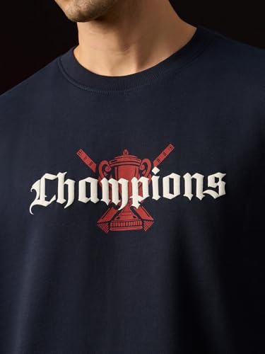 Image of The Souled Store Champions Men and Boys Short Sleeves Round Neck Navy Blue Graphic Printed Cricket Graphic Casual Lightweight Drop Shoulder Streetwear Trendy Oversized T-Shirt